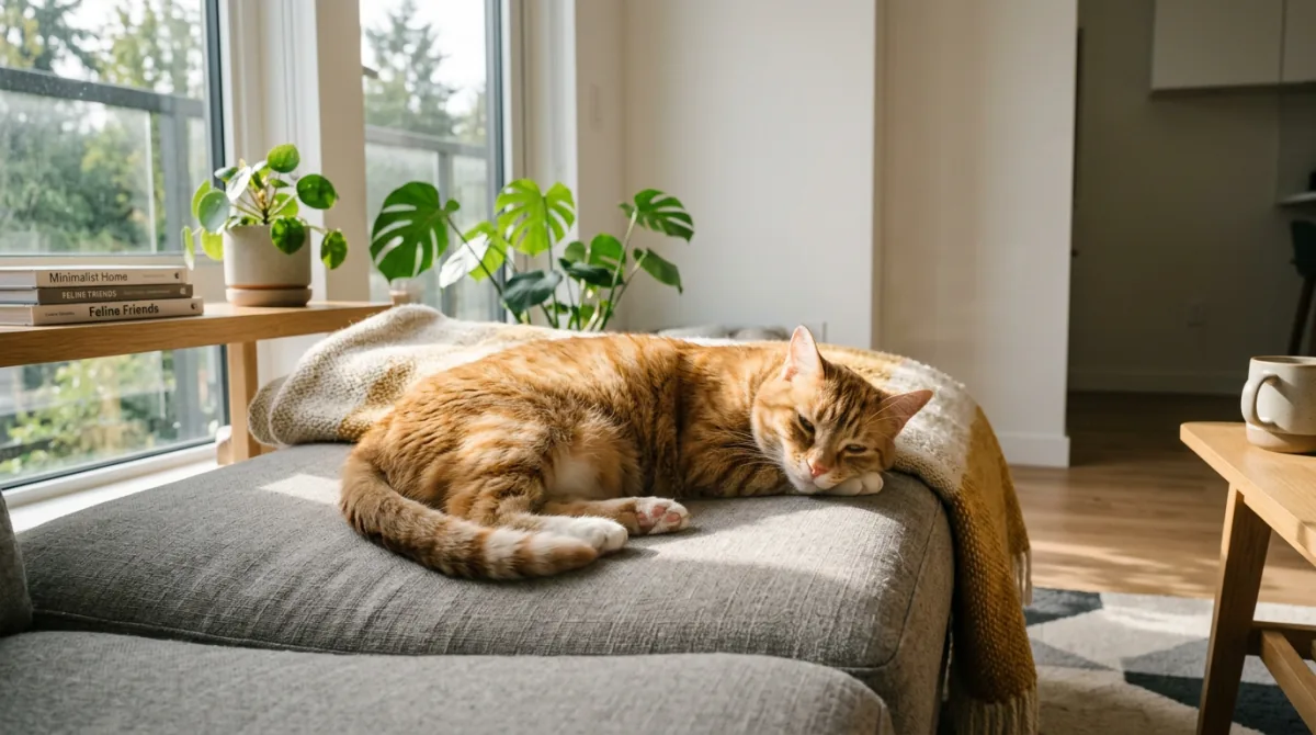 Healthy content cat in soft natural indoor light with bright eyes and glossy coat — a cat thriving once food triggers have been identified