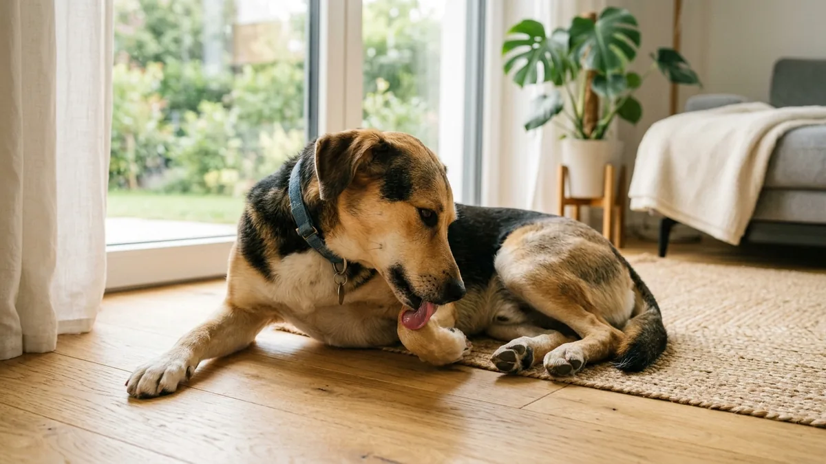 A relaxed medium-sized mixed-breed dog resting on a sunlit wooden floor, calmly licking one front paw in warm window light