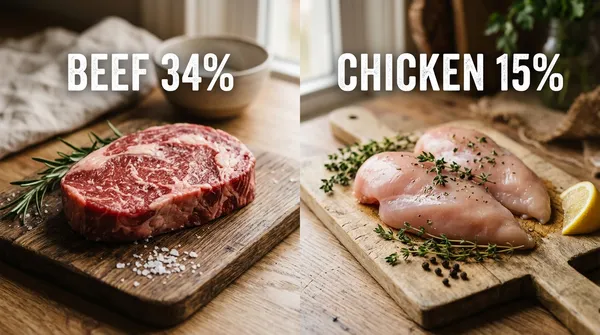 Side-by-side comparison of raw beef and raw chicken with allergy data percentages