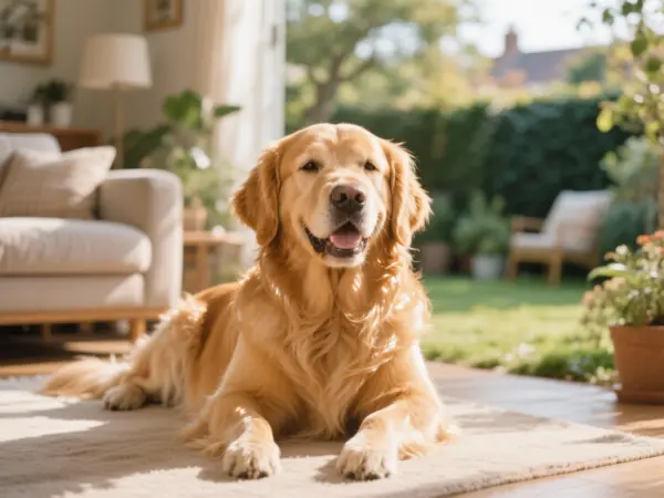 Golden Retriever with healthy coat relaxing at home