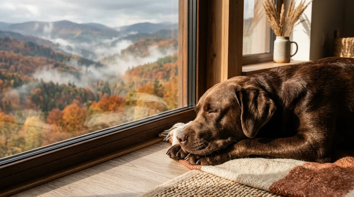 Healthy chocolate Labrador Retriever resting peacefully by a sunlit window overlooking an autumn mountain landscape
